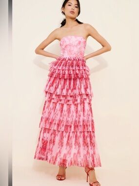 Hutch Anthropologie Pink and Red Strapless Tiered Ruffle Tulle Floral Maxi Dress